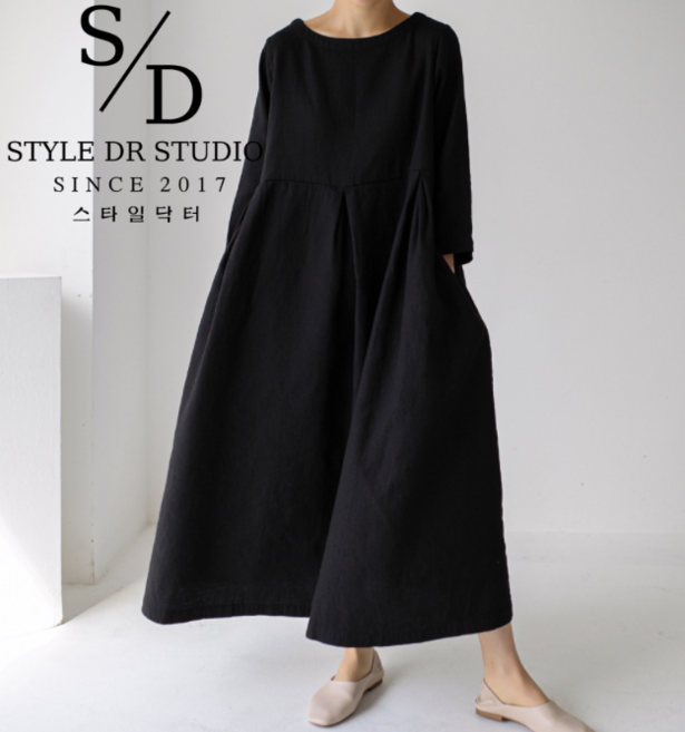 스타일닥터 여성원피스 린넨 원피스 롱 빅사이즈원피스 춘추 긴팔원피스 루즈핏 순색의 바캉스 원피스