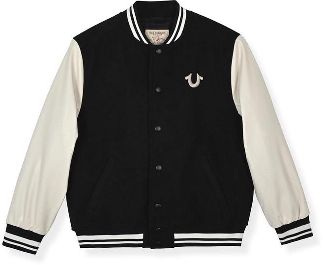 True Religion 남아용 Varsity 재킷 - 인조 가죽 슬리브가 있는 세련된 버튼 프론트 재킷 블랙.