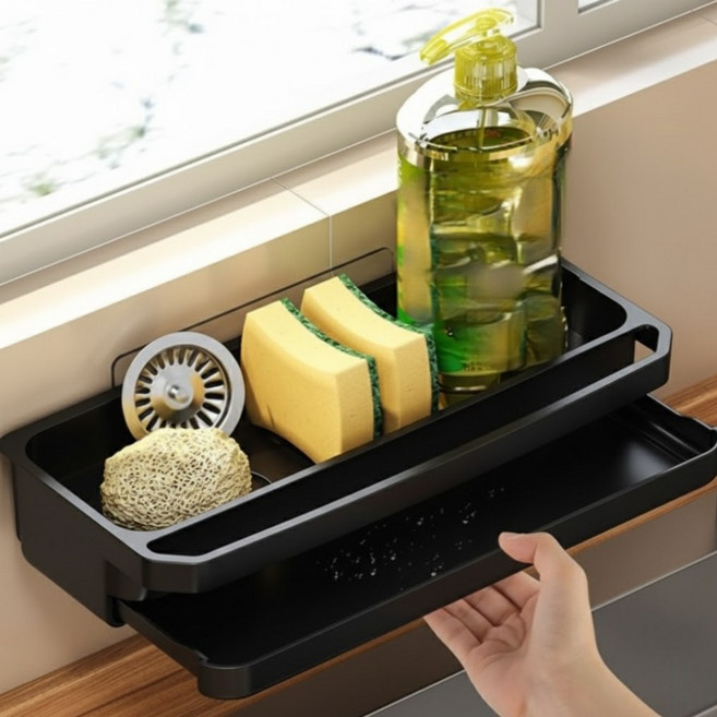 루로아 무타공 다기능 싱크대 수세미 거치대, 1개, 블랙