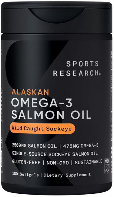 스포츠리서치 알래스칸 오메가-3 475mg 살몬 Oli 2500mg 와일드 코트 사카이 소프트젤, 1개, 180정