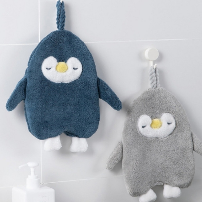 유지원 어린이집 주방 욕실 펭귄 캐릭터 고리수건 손 핸드 수건 타올 타월 답례품, 화이트