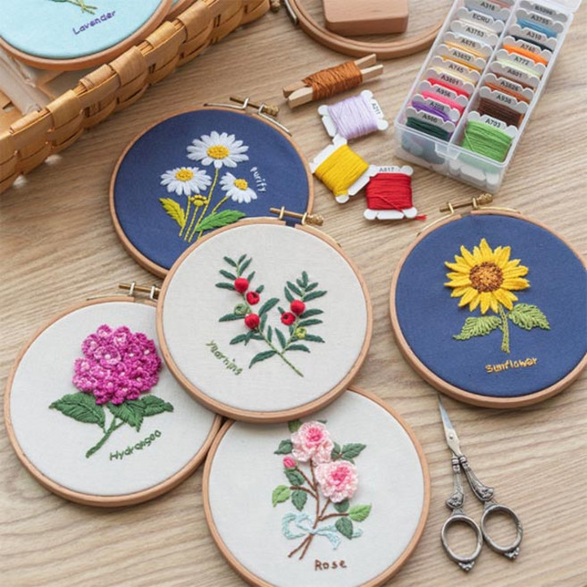 스팃스 프랑스자수 꽃 만들기 DIY 패키지 수틀 열펜 포함 10종 풀세트 취미 키트, 1개, 2.해바라기