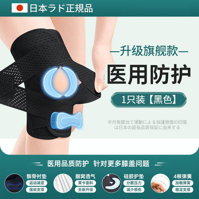 日本直送 專業護膝，運動護膝，半月板護膝, 黑【加強型三重防護】雙隻裝,M適合體重【40-53公斤】, 1個