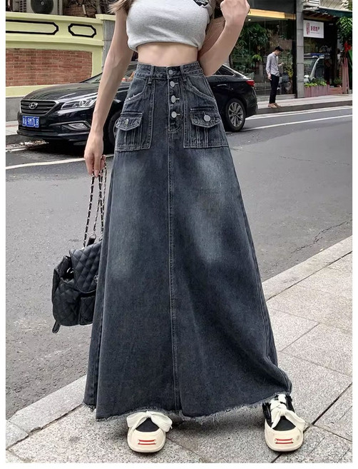 高腰牛仔長裙 顯瘦A字裙 中長款休閒牛仔裙
