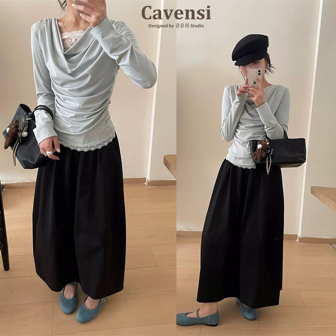 Cavensi 大傘擺蛋糕長裙 A字裙 鬆緊腰半身裙