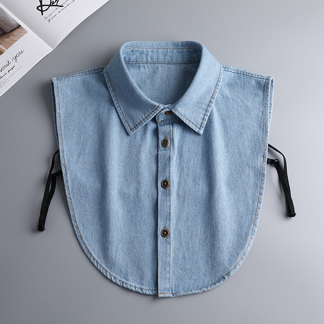 데님 블라우스 페이크 레이어드 셔츠 카라 브이넥