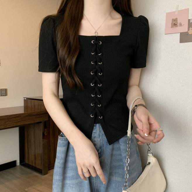 BiimTee 여성 스퀘어넥 반팔 퍼프 슬리브 레이스업 리브드 크롭 탑 날씬해보이는 캐주얼 티셔츠