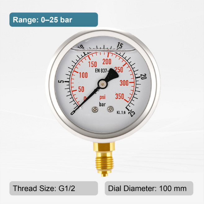 진동 방지 스테인리스 압력 게이지 0-1000bar PSI 이중 눈금 100mm G1/2 라디얼 장착 고정밀 산업용 유압 오일 측정기, [05] 0-25bar