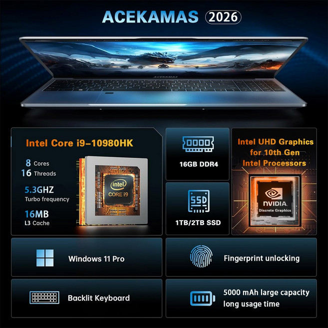 2026 ACEKAMAS 15 6인치 I9 1TB PC 코어 11 DDR4 게이밍 프로 게이머 10980HK 16GB IPS 컴퓨터 윈도우 노트북 4K 인텔 SSD, Intel Core i9, 16GB DDR4 256GB SSD