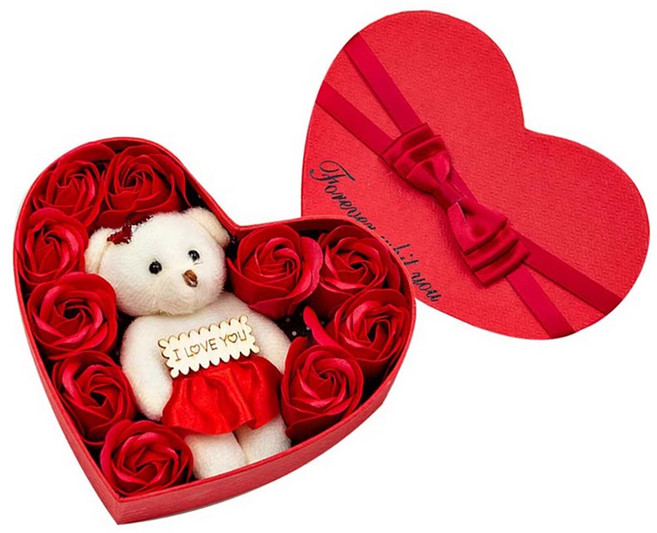 비누꽃 플라워박스 하트박스 곰인형 장미꽃 기념일 프로포즈 선물, 레드, 1개