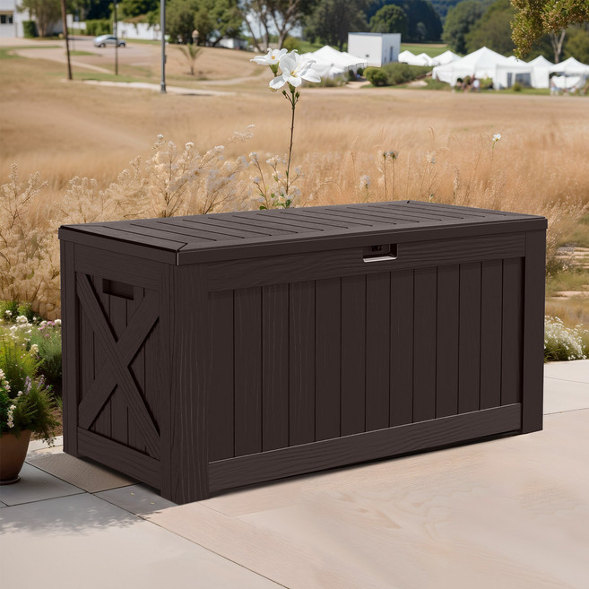 Homall 호몰 아웃도어 실내 데크박스 수납벤치 플라스틱 다용도 정원정리 야외보관함 캠핑수납 450L, brown, 1개, 브라운