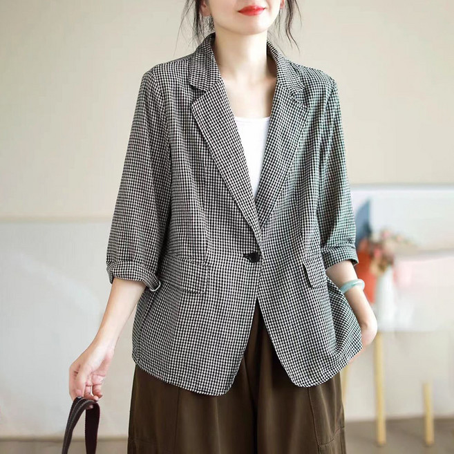 지고다그 여성 면린넨 체크 자켓 세련된 디자인 허리 조임 오버핏 캐주얼 아우터 WY73146