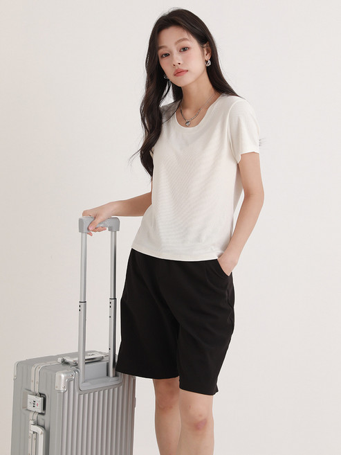 DIU 新款夏季正肩天絲短袖t恤女半開領設計感修身純色春季上衣女