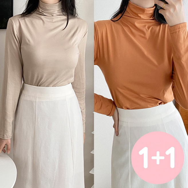 아소트 1+1 2장세트 여성 간절기 레이온 이너 베이직 소프트 반목티 목폴라 티셔츠 12컬러
