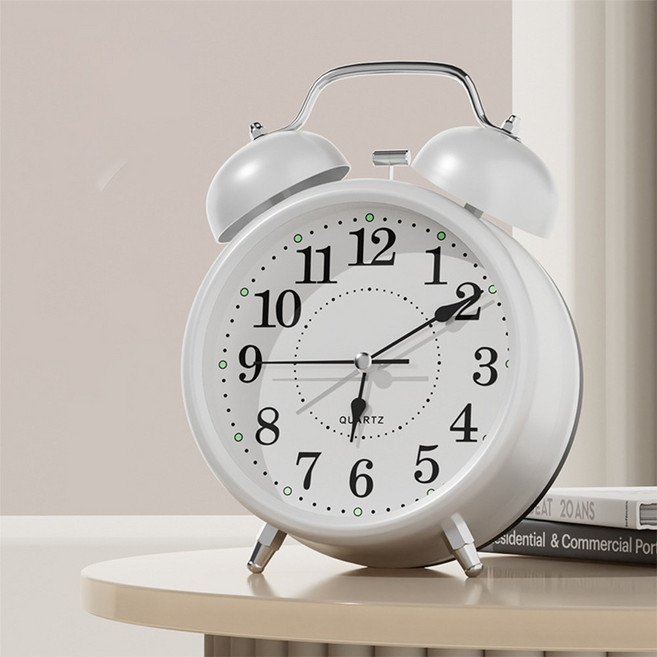 [웨일쓰] 무소음 클래식 자명종 탁상시계 시끄러운 알람시계, 화이트