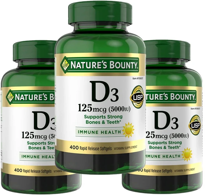 [정품 미국 배송] 네이처스 바운티 비타민 D3 5000IU 400정 (소프트젤) 골다공증 Natures Bounty Vitamin D3 125 mcg 400 Softgels, 3개 - 쿠팡