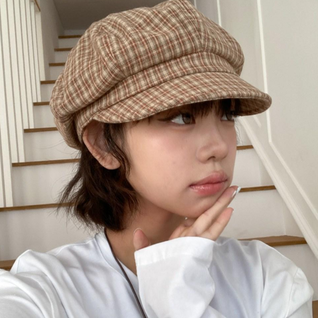 블루씨티 체크 패턴 뉴스보이캡 팔각모 빵모자