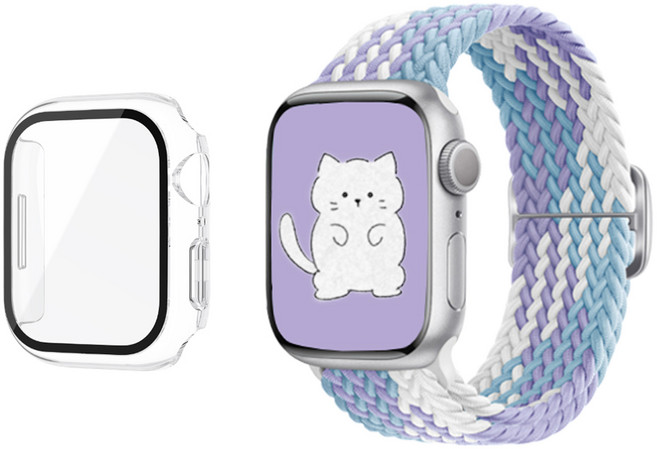 아이비온 애플워치 솔로 루프 니트 스트랩 + 투명 풀커버 케이스, 퍼플미러