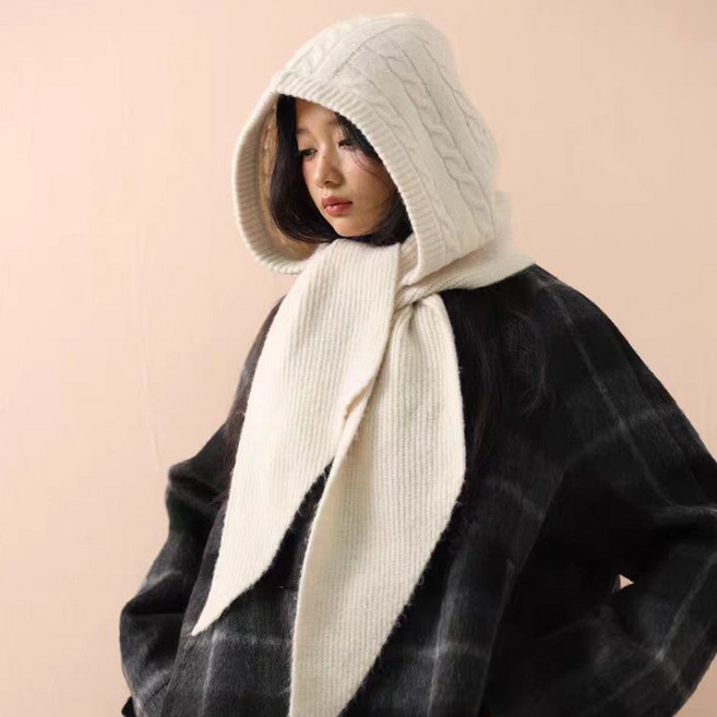 모어피크 도톰 머플러 일체형 꽈배기 바라클라바 후드 넥워머, 1개, 아이보리