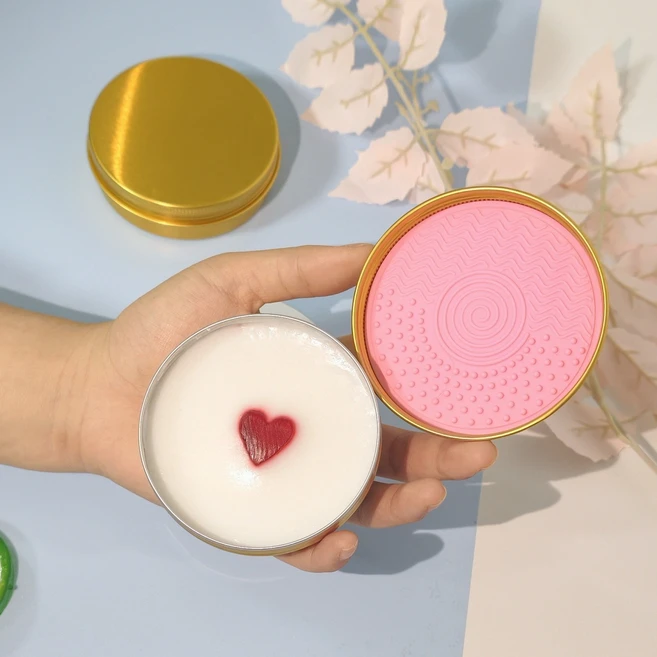 2in1 브러쉬비누 대용량 퍼프 브러쉬 클렌징 솝 화장품 잔여물 제거 메이크업 브러쉬 퍼프 세척 실리콘 패드(메이크업 브러시 청소 필수품), 하트 모양 세척 비누 100g - 쿠팡