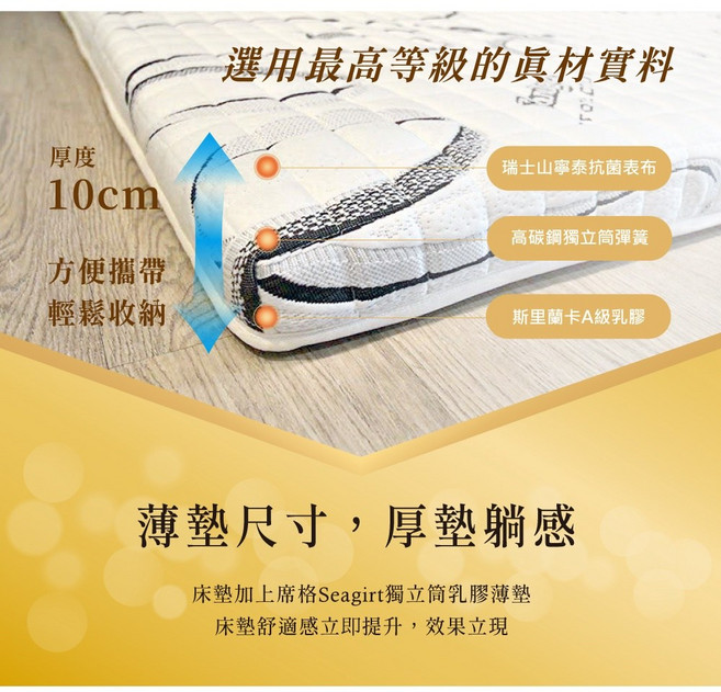 席格Seagirt獨立筒乳膠薄墊 斯里蘭卡特A級乳膠 瑞士Sanitized 抗菌處理 台灣製造