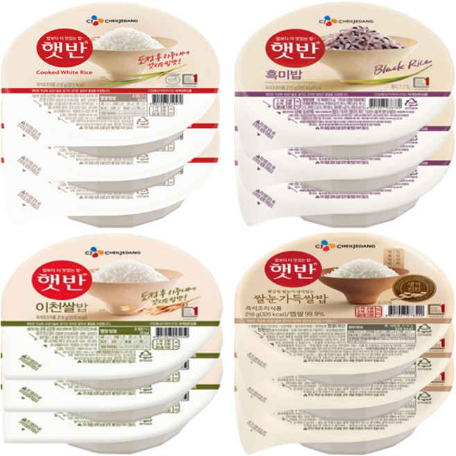 햇반 즉석밥 4종 12입(햇반3+흑미3+이천쌀밥3+쌀눈가득쌀밥3), 1세트, 210g