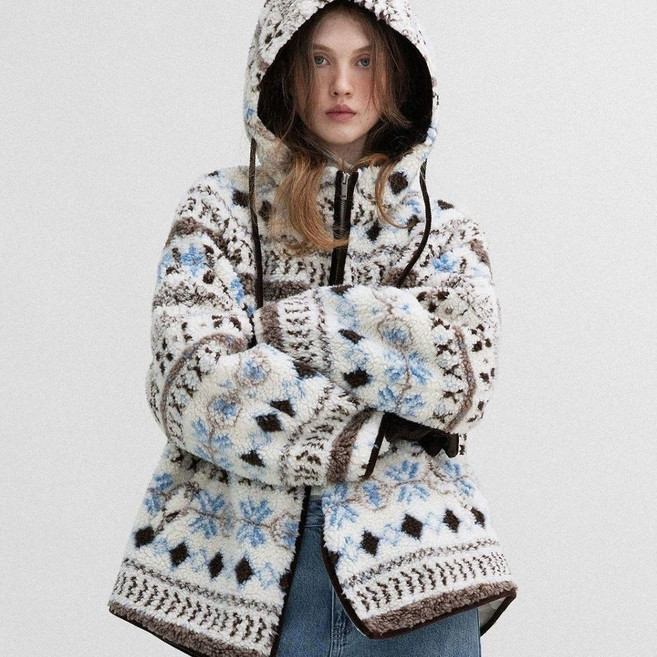 AOKADA여성 가을 겨울 루즈핏 후드 집업 후리스 패딩 점퍼 양털 뽀글이 크리스마스 연말 코트