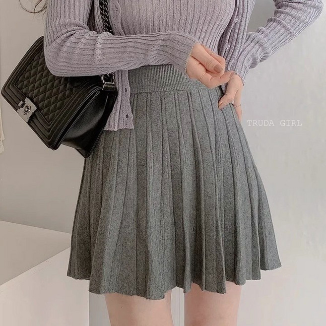 《杜達女孩》韓版厚款高腰坑條針織百褶傘狀收腰A字鬆緊腰短裙