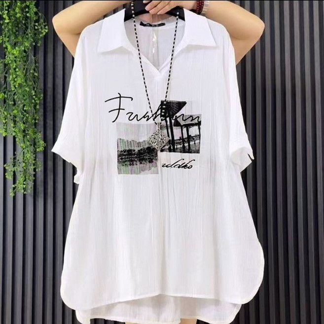 빅사이즈 여름 롱 셔츠 얇은 시원한 반팔 블라우스 패턴 프린트 캐주얼 루즈핏 중년여성 상의