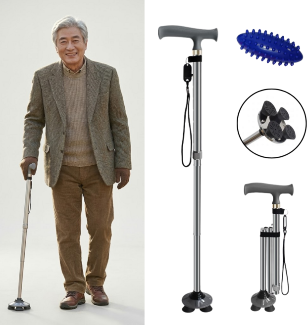 장수안 프리미엄 초경량 접이식 네발 지팡이 등산스틱 보행 보조 워킹스틱, 1개, 실버