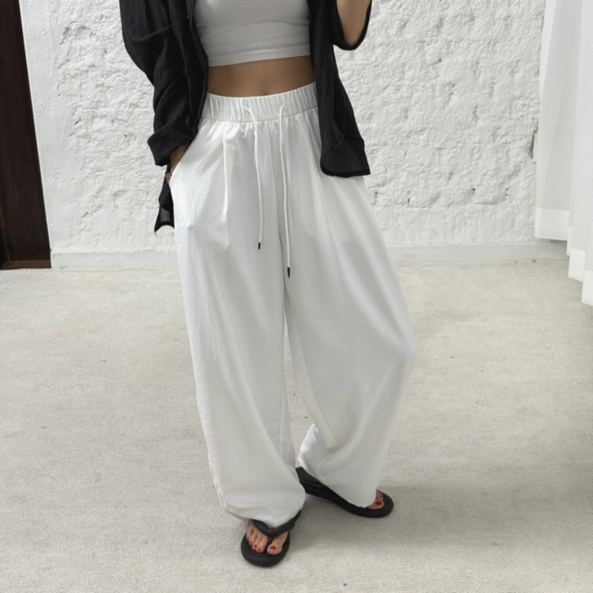 바이일이오 여성 무지 배색 핀턱 파스텔 바스락 밴딩 여름 와이드 팬츠