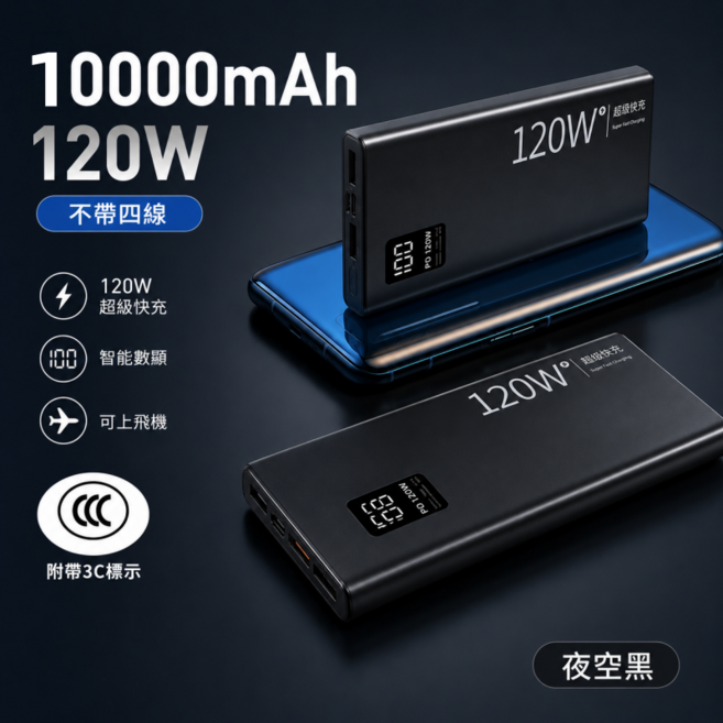 20000mAh 120W 超級快充 智能數顯行動電源, 夜空黑, 1萬+3C標【120W快充+數顯】