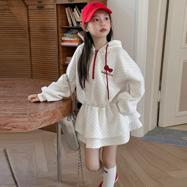 빠빠야네 키즈 주니어 여아 레드스윗 리본 도트 오버핏 후드원피스 봄가을