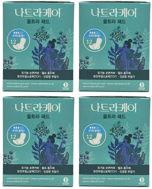 나트라케어 울트라 패드 생리대 날개형 수퍼, 중형, 12개입, 4개 - 쿠팡