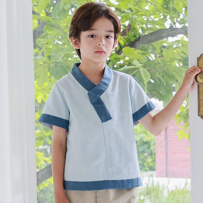 하랑한복 파루뎅이 남아 생활한복 배색 반팔 티셔츠 바지 상하의 세트