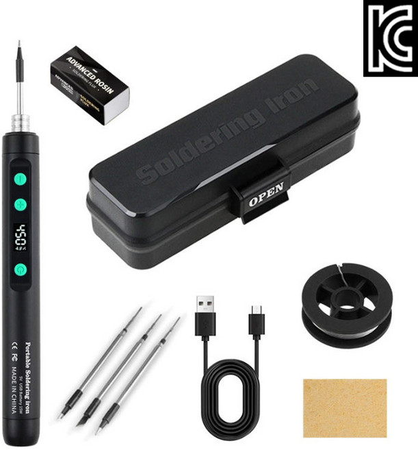 kc인증 충전식 무선 전기 인두기 3종 인두팁 납땜 디지털 온도 표시창, 1세트, 블랙