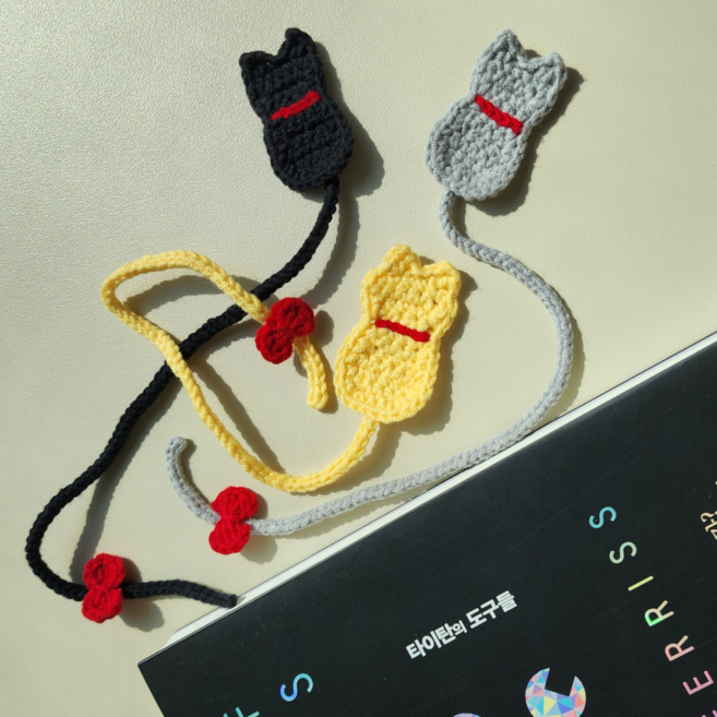 고양이 뜨개 책갈피 끈갈피 북클립 북마커 북마크 인덱스 귀여운, 1개, 그레이