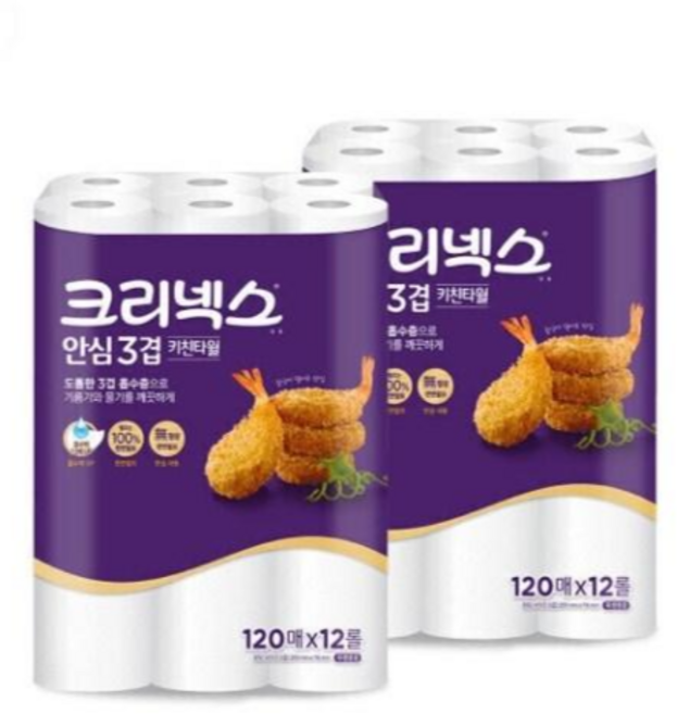 크리넥스 안심 3겹 천연펄프 키친타올, 120매, 24개