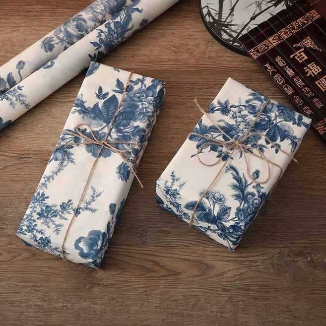데이지룸 블루 빈티지 플라워 선물 포장지 10p 리본끈, 1세트, 마끈10m