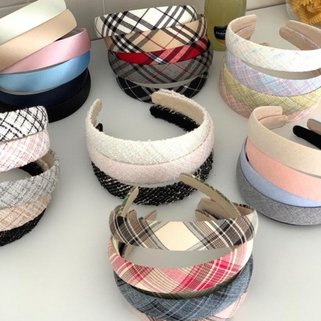 33컬러 중간 사이즈 머리띠 트위드 새틴 공단 체크 헤어밴드