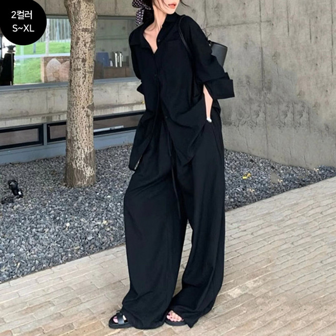 FANSYLI 여성 여름 바캉스 비치웨어 세트 캐주얼 루즈핏 린넨 셔츠 와이드팬츠 슬랙스 상하복 2종 세트 빅사이즈 2603JLL6086