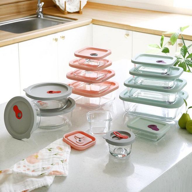 실리콘뚜껑 오븐글라스 반찬통 밀폐 도시락 전자렌지용기 이유식 햇반 pl 달빛스토어, 원형 970ml, 1개