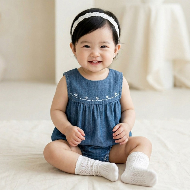 몽실이 데님자수 민소매 바디슈트