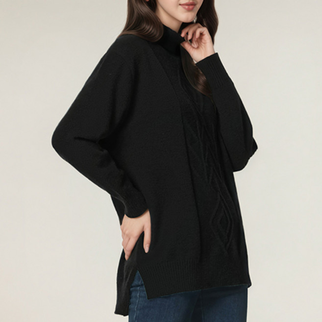 cheibear 여성용 터틀넥 하이로우 사이드 스플릿 니트 스웨터