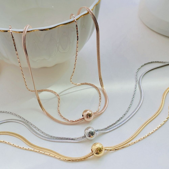 [써지컬스틸] 두줄 실크 볼 써지컬스틸 목걸이, 실버, 1개