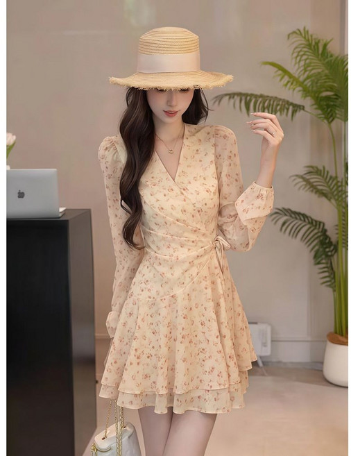 여성 브이넥 쉬폰 미니 원피스 여성용 얇은 쉬폰 롱슬리브 A라인 드레스 우아한 스타일 슬림핏 LT