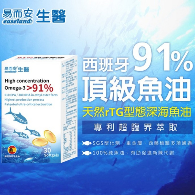 易而安 高濃度rTG型態深海魚油軟膠囊 西班牙頂級魚油 91% Omega-3, 1個