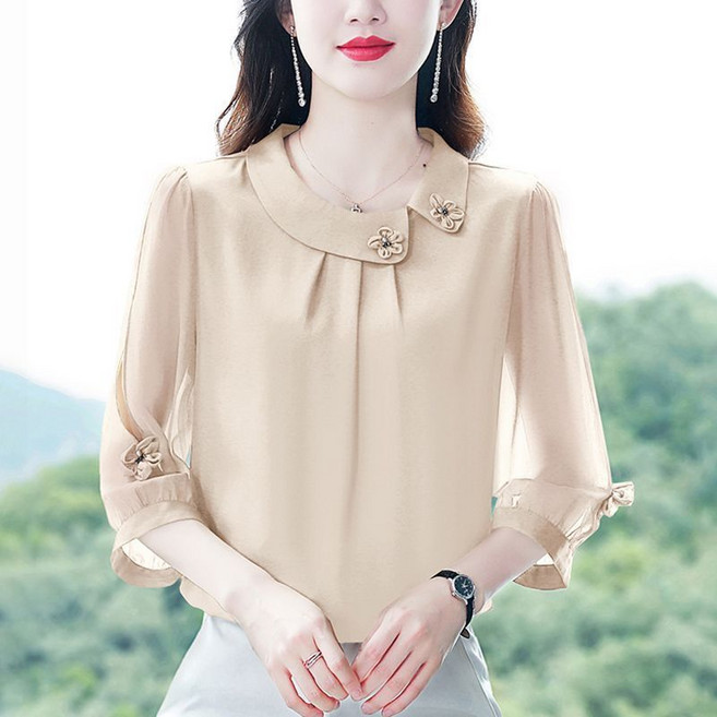 COSYEVNO 여자 실크 셔츠 중장년 엄마옷 여름 패션 상의