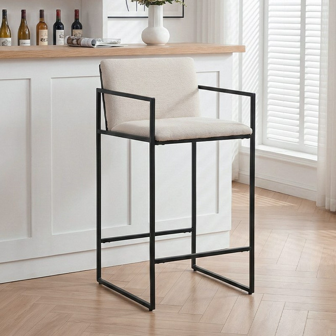 Dayalane 바의자 아일랜드 스퀘어 라인 편안한 착좌감 리넨 패브릭 홈바의자, 1개, 베이지