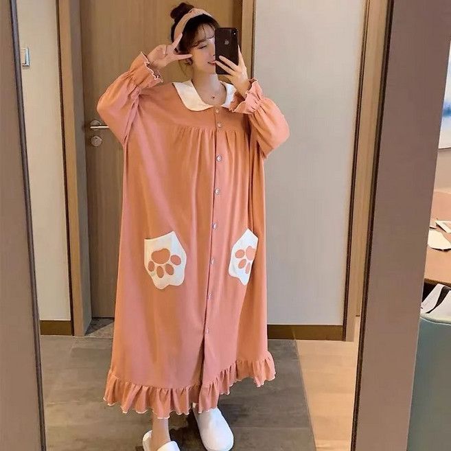 150kg 까지 여성 봄 가을 홈웨어 라운드 잠옷 긴팔 실내복 파자마 귀여운 잠옷 롱 원피스 SYW